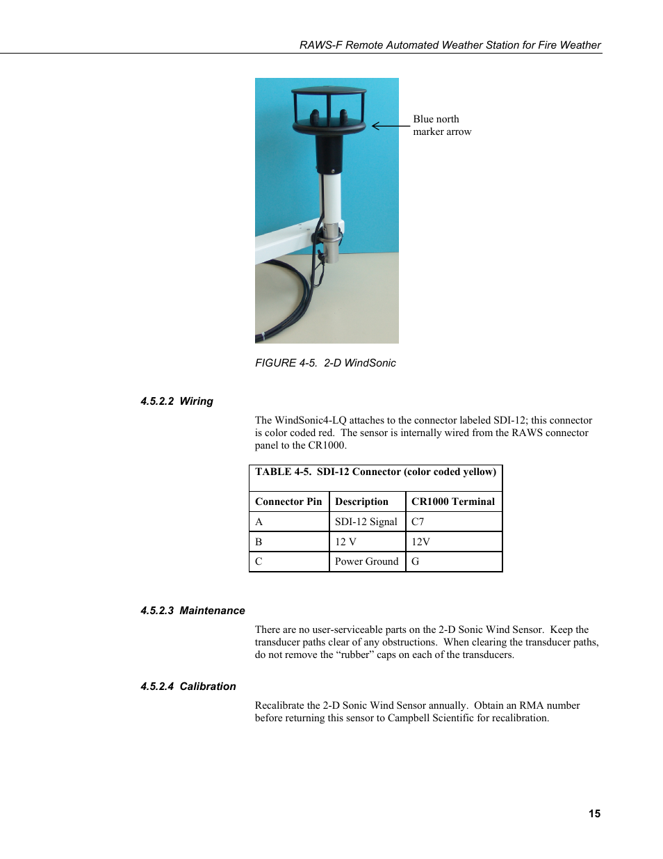 2 wiring, 3 maintenance, 4 calibration | Wiring, Maintenance, Calibration, 5. 2-d, Windsonic, 5. sdi-12 connector (color coded yellow) | Campbell Scientific RAWS-F Remote Automated Weather Station for Fire Weather User Manual | Page 23 / 58