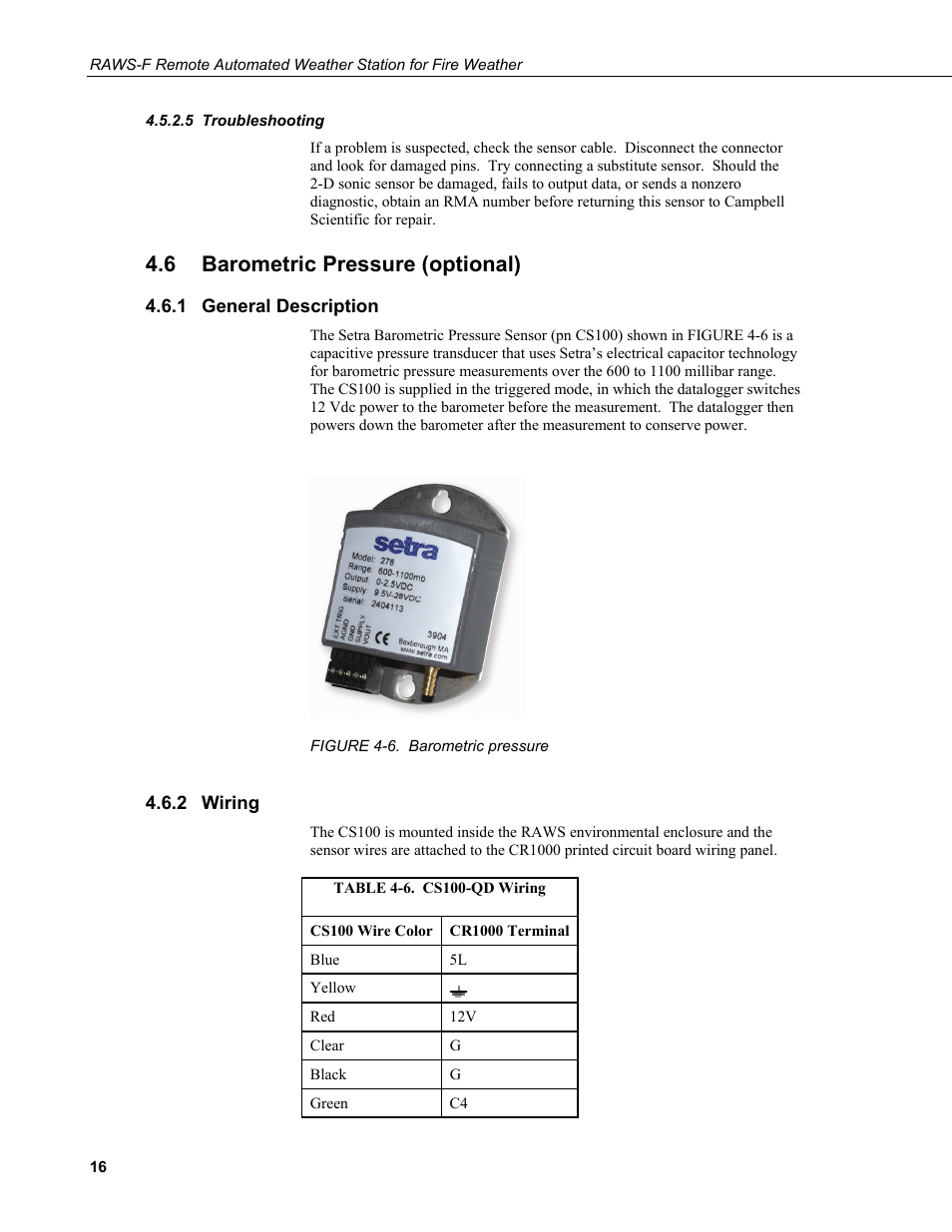 5 troubleshooting, 6 barometric pressure (optional), 1 general description | 2 wiring, Troubleshooting, Barometric pressure (optional), General description, Wiring, 6. barometric, Pressure | Campbell Scientific RAWS-F Remote Automated Weather Station for Fire Weather User Manual | Page 24 / 58