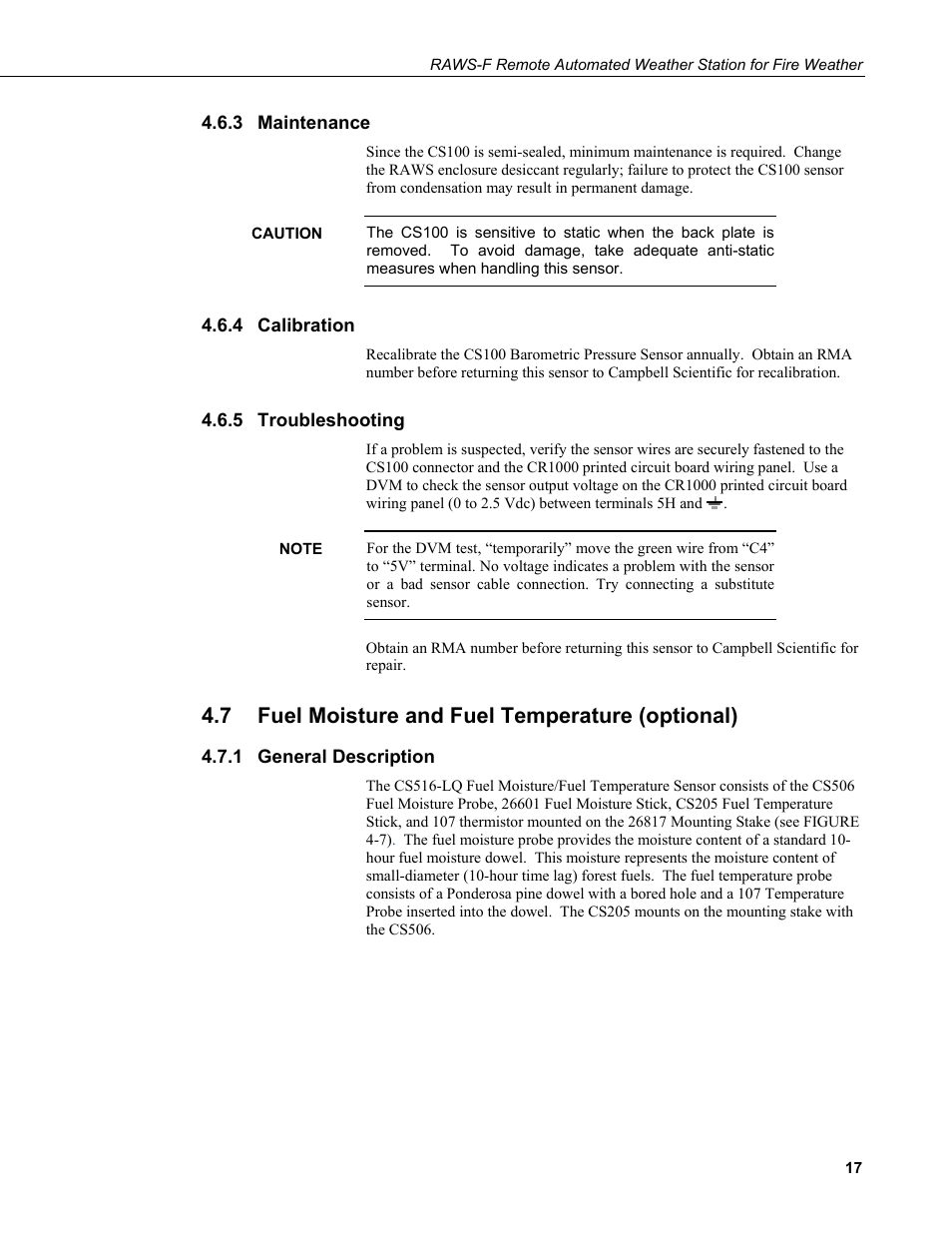 3 maintenance, 4 calibration, 5 troubleshooting | 7 fuel moisture and fuel temperature (optional), 1 general description, Maintenance, Calibration, Troubleshooting, Fuel moisture and fuel temperature (optional), General description | Campbell Scientific RAWS-F Remote Automated Weather Station for Fire Weather User Manual | Page 25 / 58