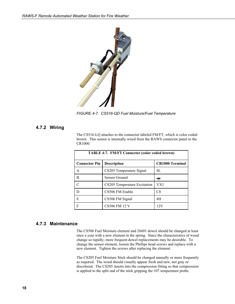 2 wiring, 3 maintenance, Wiring | Maintenance, 7. cs516-qd fuel moisture/fuel temperature, 7. fm/ft connector (color coded brown) | Campbell Scientific RAWS-F Remote Automated Weather Station for Fire Weather User Manual | Page 26 / 58