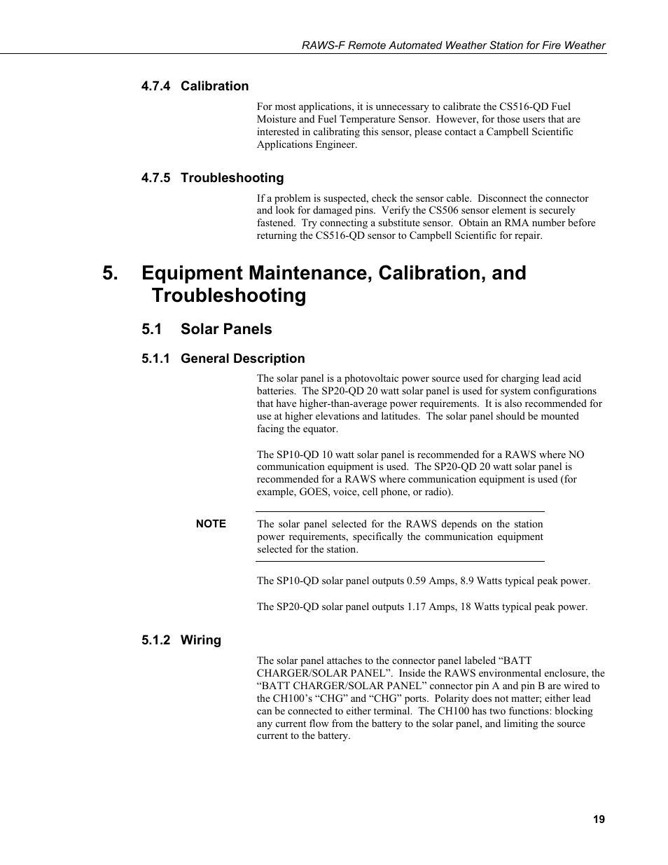 4 calibration, 5 troubleshooting, 1 solar panels | 1 general description, 2 wiring, Calibration, Troubleshooting, Equipment maintenance, calibration, and, Solar panels, General description | Campbell Scientific RAWS-F Remote Automated Weather Station for Fire Weather User Manual | Page 27 / 58