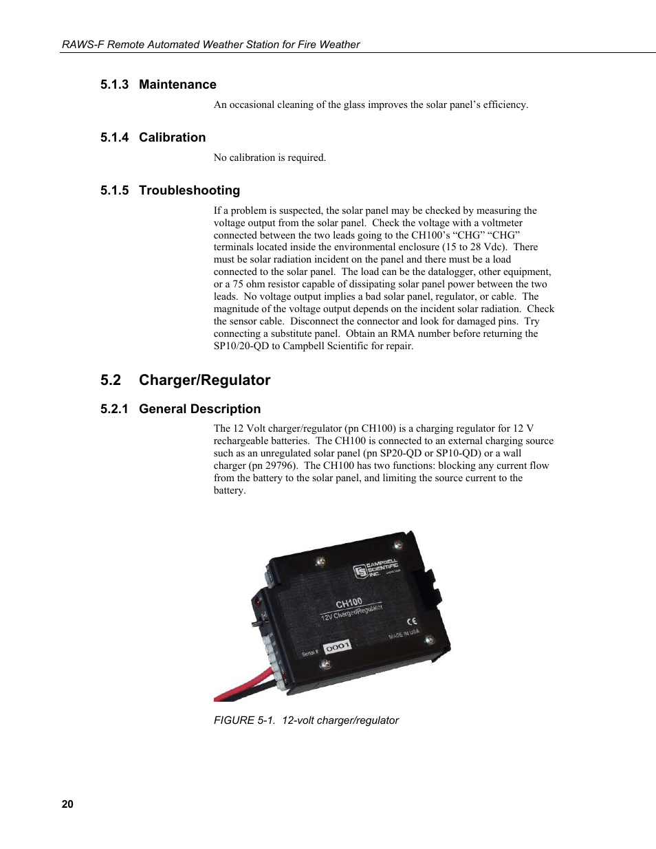 3 maintenance, 4 calibration, 5 troubleshooting | 2 charger/regulator, 1 general description, Maintenance, Calibration, Troubleshooting, Charger/regulator, General description | Campbell Scientific RAWS-F Remote Automated Weather Station for Fire Weather User Manual | Page 28 / 58