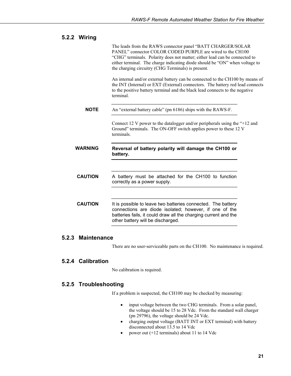 2 wiring, 3 maintenance, 4 calibration | 5 troubleshooting, Wiring, Maintenance, Calibration, Troubleshooting | Campbell Scientific RAWS-F Remote Automated Weather Station for Fire Weather User Manual | Page 29 / 58