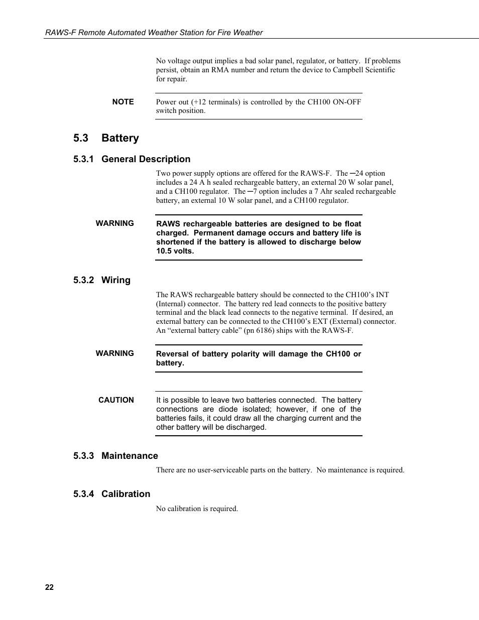 3 battery, 1 general description, 2 wiring | 3 maintenance, 4 calibration, Battery, General description, Wiring, Maintenance, Calibration | Campbell Scientific RAWS-F Remote Automated Weather Station for Fire Weather User Manual | Page 30 / 58
