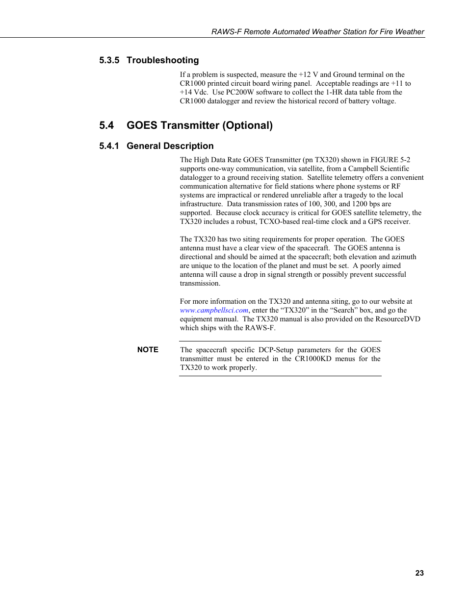 5 troubleshooting, 4 goes transmitter (optional), 1 general description | Troubleshooting, Goes transmitter (optional), General description | Campbell Scientific RAWS-F Remote Automated Weather Station for Fire Weather User Manual | Page 31 / 58