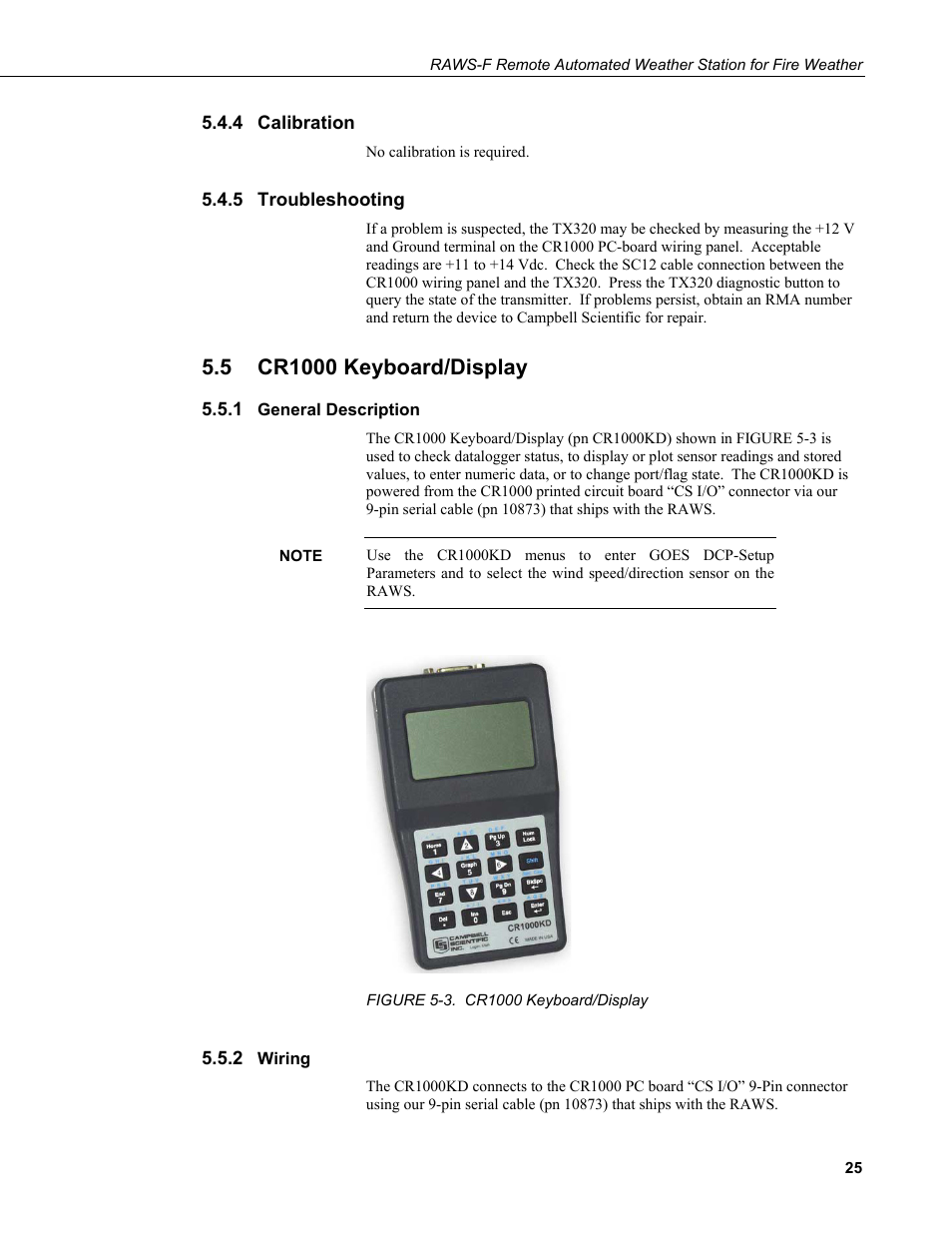 4 calibration, 5 troubleshooting, 5 cr1000 keyboard/display | 1 general description, 2 wiring, Calibration, Troubleshooting, Cr1000 keyboard/display, General description, Wiring | Campbell Scientific RAWS-F Remote Automated Weather Station for Fire Weather User Manual | Page 33 / 58