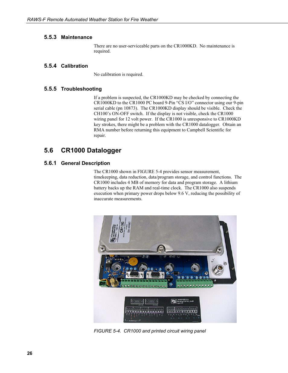 3 maintenance, 4 calibration, 5 troubleshooting | 6 cr1000 datalogger, 1 general description, Maintenance, Calibration, Troubleshooting, Cr1000 datalogger, General description | Campbell Scientific RAWS-F Remote Automated Weather Station for Fire Weather User Manual | Page 34 / 58