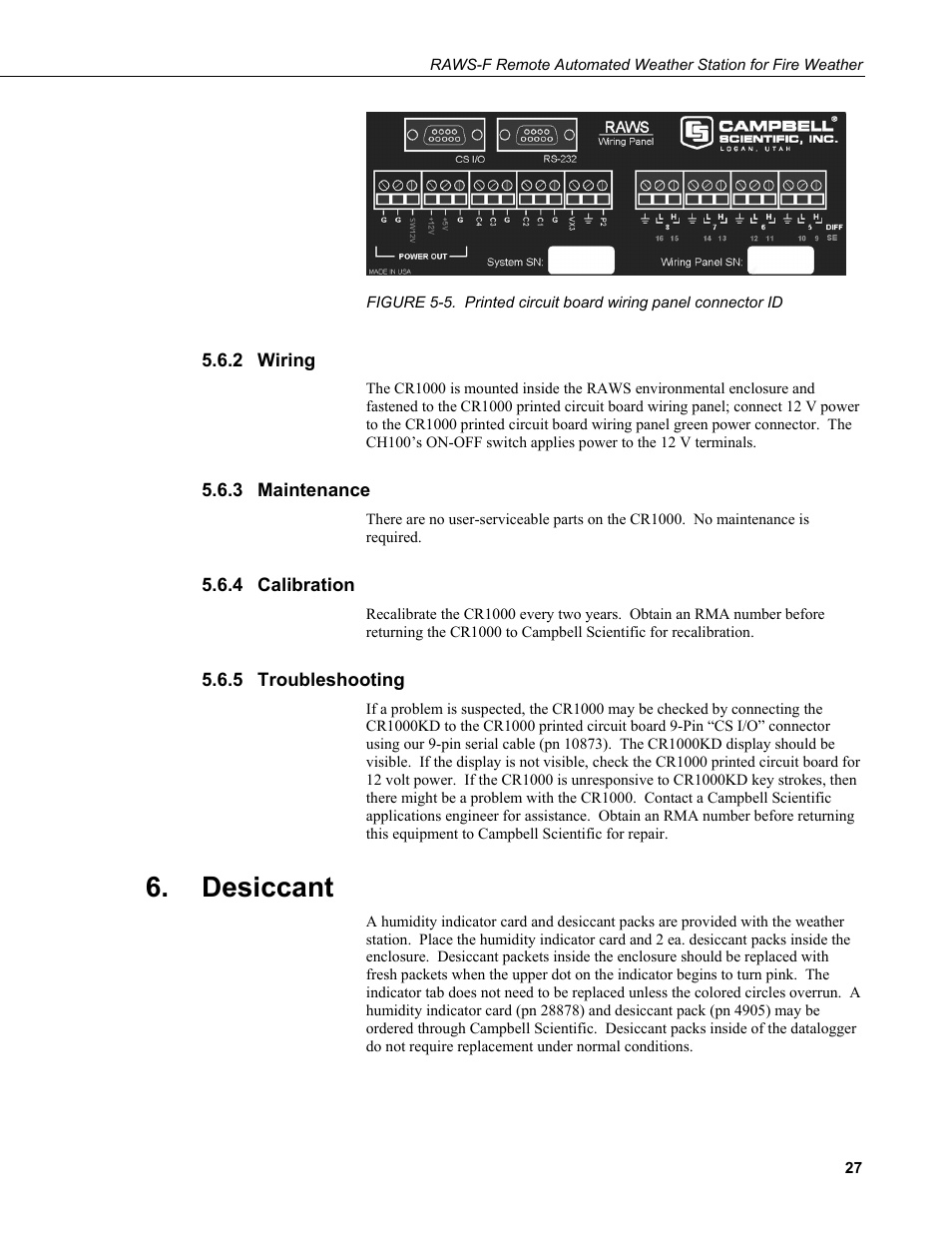 2 wiring, 3 maintenance, 4 calibration | 5 troubleshooting, Desiccant, Wiring, Maintenance, Calibration, Troubleshooting, 6. printed circuit board wiring panel connector id | Campbell Scientific RAWS-F Remote Automated Weather Station for Fire Weather User Manual | Page 35 / 58