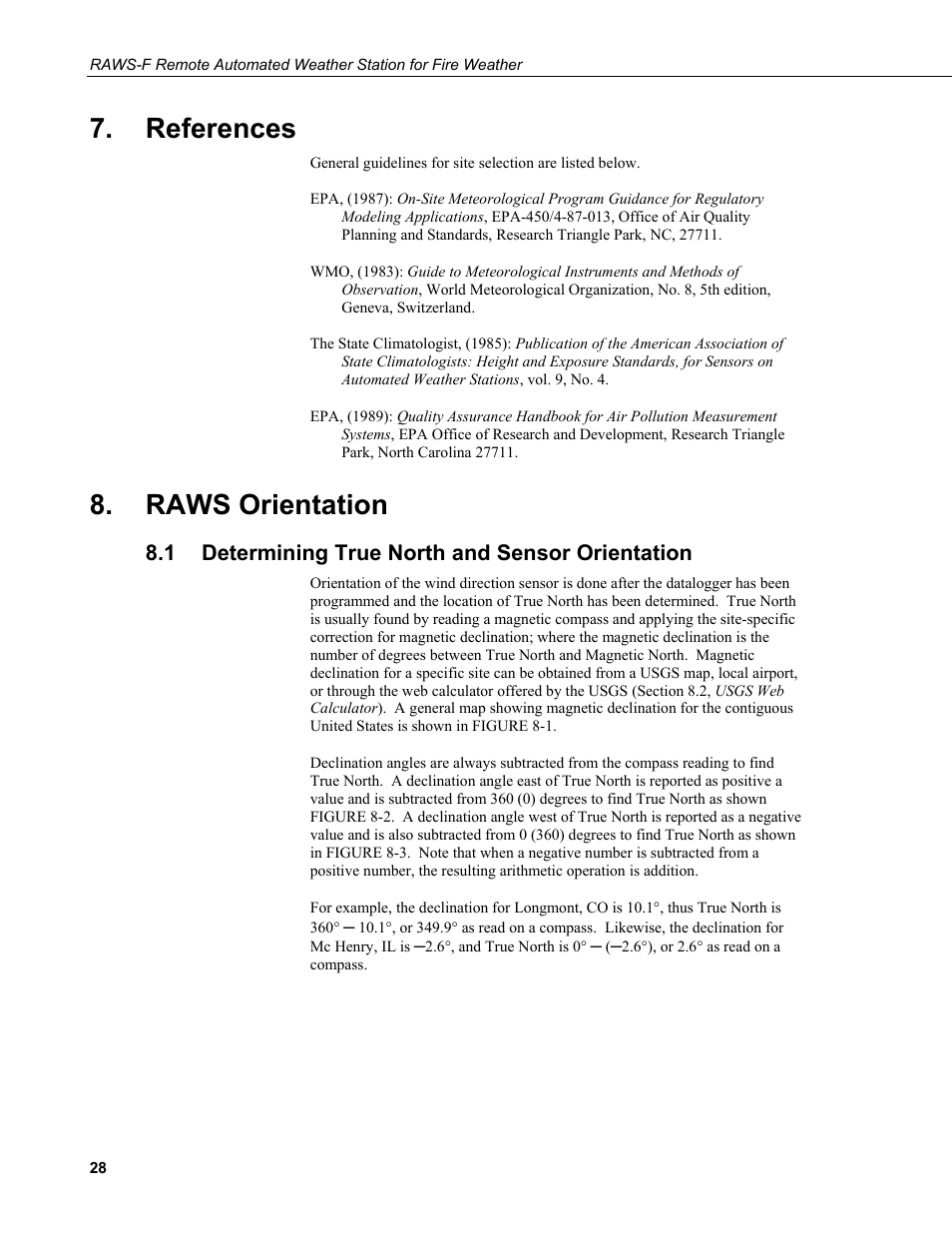 References, Raws orientation, 1 determining true north and sensor orientation | Determining true north and sensor orientation | Campbell Scientific RAWS-F Remote Automated Weather Station for Fire Weather User Manual | Page 36 / 58