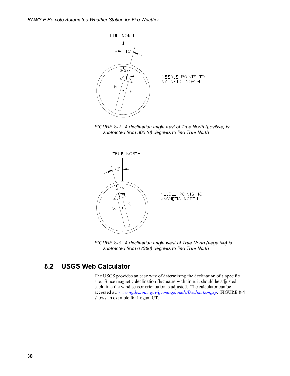 2 usgs web calculator, Usgs web calculator, From 360 (0) degrees to find true north | From 0 (360) degrees to find true north, Figure 8-2, Figure 8-3. n | Campbell Scientific RAWS-F Remote Automated Weather Station for Fire Weather User Manual | Page 38 / 58