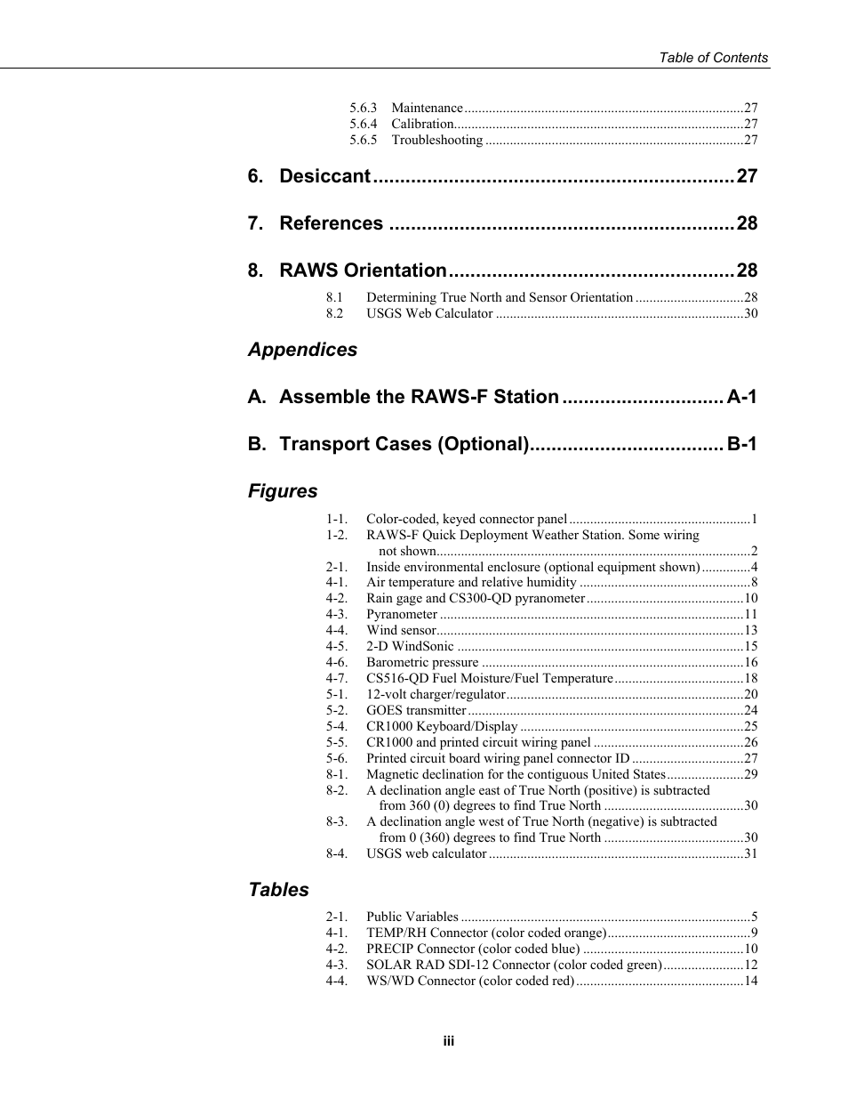 Desiccant, References, Raws orientation | Appendices a, Figures, Tables | Campbell Scientific RAWS-F Remote Automated Weather Station for Fire Weather User Manual | Page 7 / 58