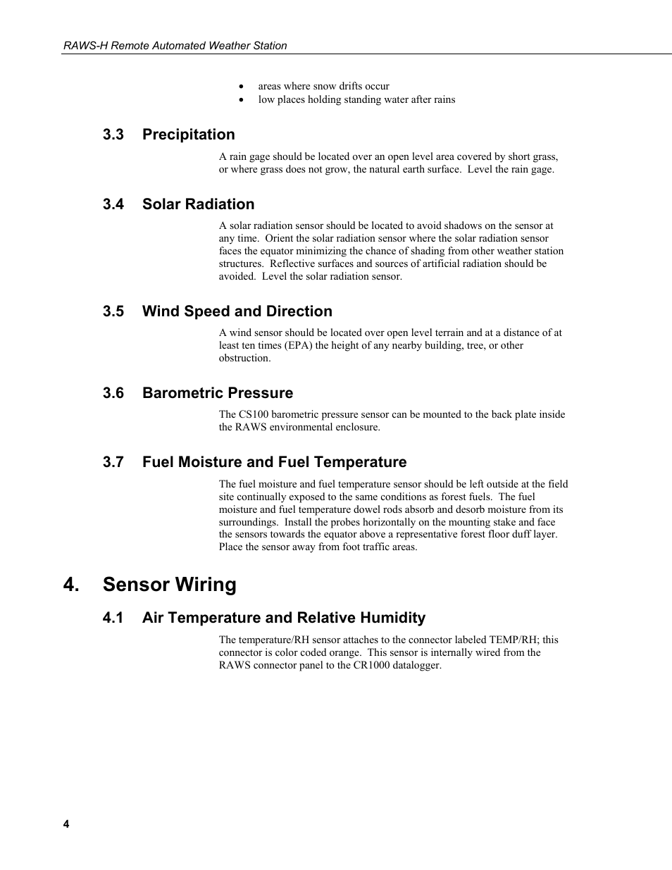 3 precipitation, 4 solar radiation, 5 wind speed and direction | 6 barometric pressure, 7 fuel moisture and fuel temperature, Sensor wiring, 1 air temperature and relative humidity, Precipitation, Solar radiation, Wind speed and direction | Campbell Scientific RAWS-H Remote Automated Weather Station User Manual | Page 10 / 32