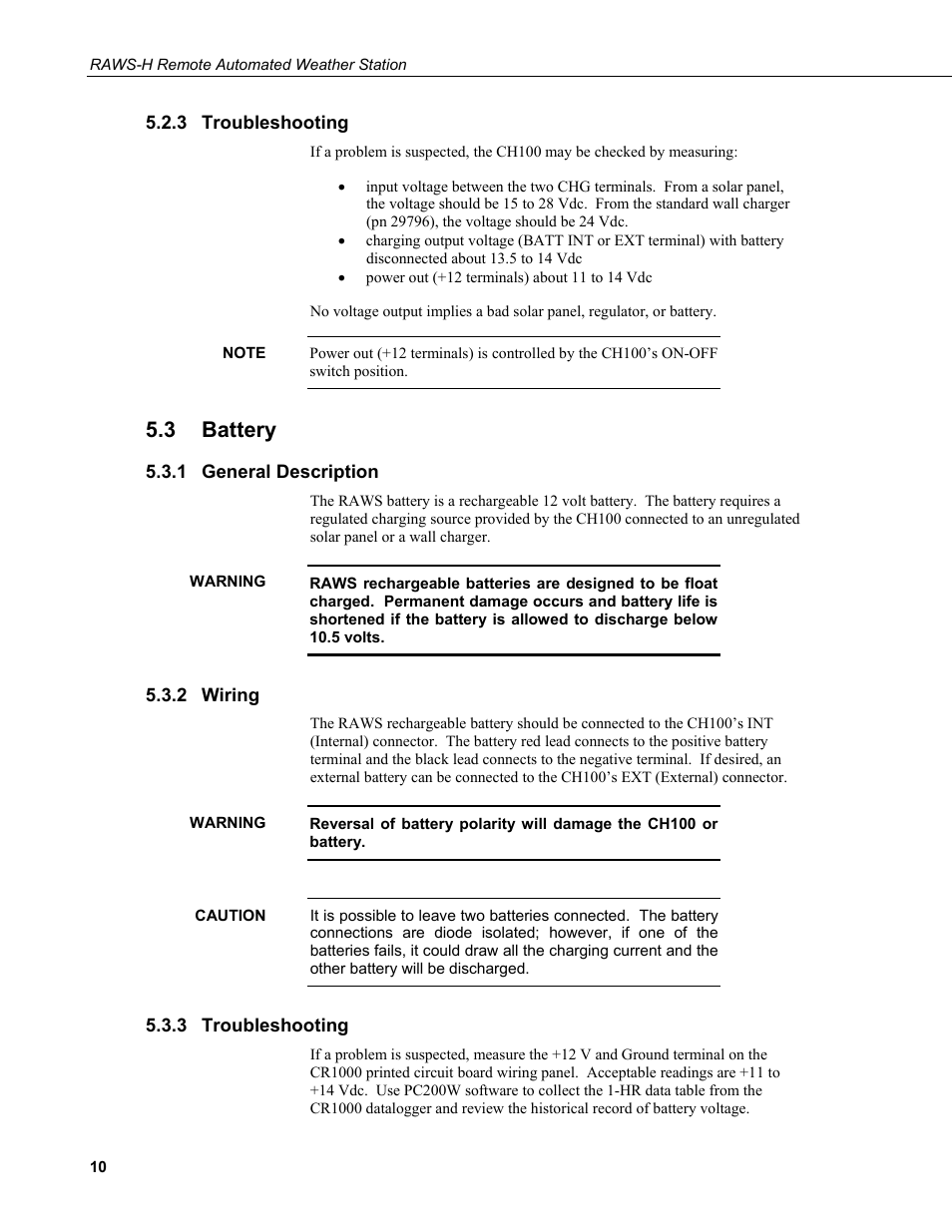 3 troubleshooting, 3 battery, 1 general description | 2 wiring, Troubleshooting, Battery, General description, Wiring | Campbell Scientific RAWS-H Remote Automated Weather Station User Manual | Page 16 / 32