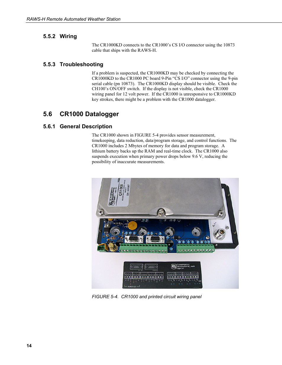 2 wiring, 3 troubleshooting, 6 cr1000 datalogger | 1 general description, Wiring, Troubleshooting, Cr1000 datalogger, General description, 4. cr1000 and printed circuit wiring panel | Campbell Scientific RAWS-H Remote Automated Weather Station User Manual | Page 20 / 32