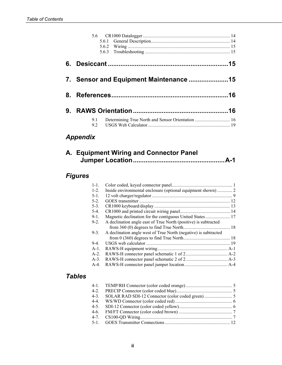Desiccant, Sensor and equipment maintenance, References | Raws orientation, Appendix a, Figures, Tables | Campbell Scientific RAWS-H Remote Automated Weather Station User Manual | Page 6 / 32