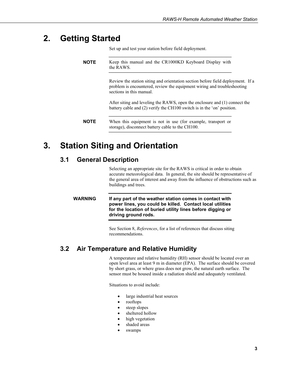 Getting started, Station siting and orientation, 1 general description | 2 air temperature and relative humidity, General description, Air temperature and relative humidity | Campbell Scientific RAWS-H Remote Automated Weather Station User Manual | Page 9 / 32