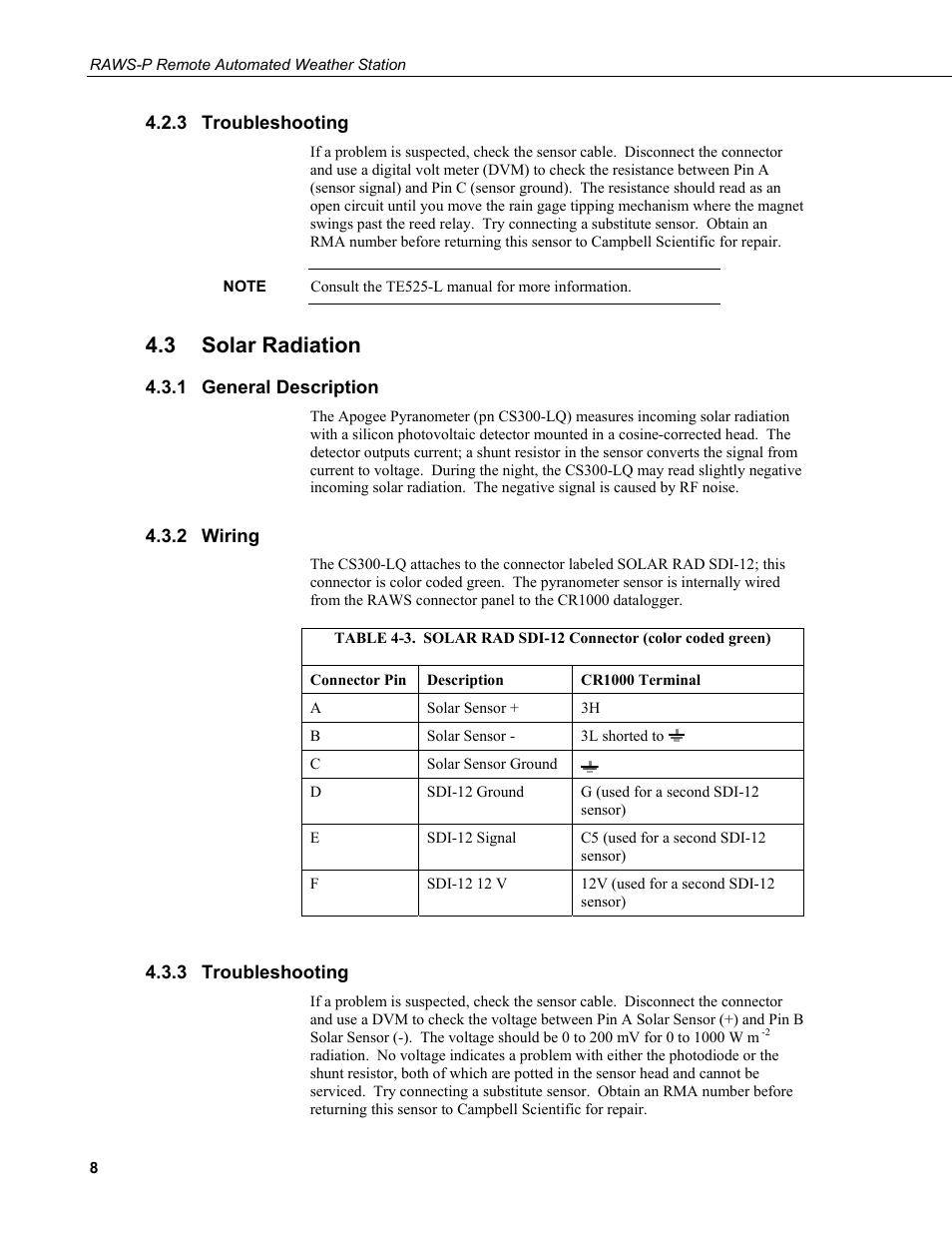 3 troubleshooting, 3 solar radiation, 1 general description | 2 wiring, Troubleshooting, Solar radiation, General description, Wiring, 3. solar rad sdi-12 connector (color coded green) | Campbell Scientific RAWS-P Remote Automated Weather Station User Manual | Page 16 / 34