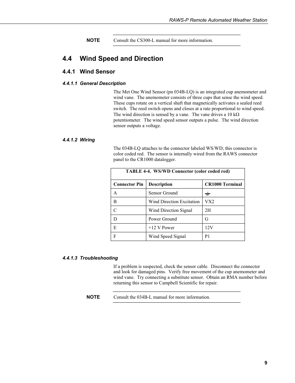4 wind speed and direction, 1 wind sensor, 1 general description | 2 wiring, 3 troubleshooting, Wind speed and direction, Wind sensor, General description, Wiring, Troubleshooting | Campbell Scientific RAWS-P Remote Automated Weather Station User Manual | Page 17 / 34