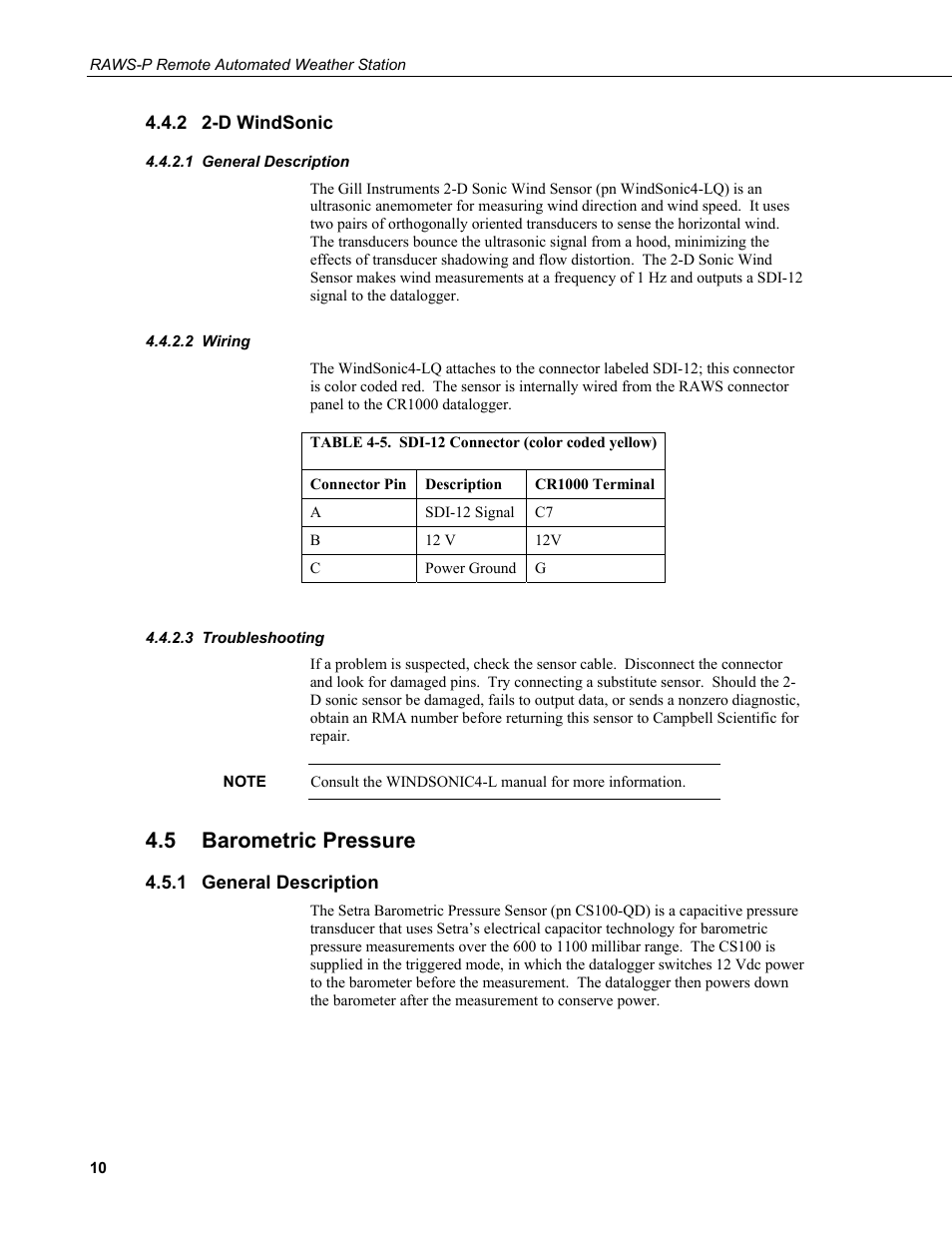 2 2-d windsonic, 1 general description, 2 wiring | 3 troubleshooting, 5 barometric pressure, D windsonic, General description, Wiring, Troubleshooting, Barometric pressure | Campbell Scientific RAWS-P Remote Automated Weather Station User Manual | Page 18 / 34