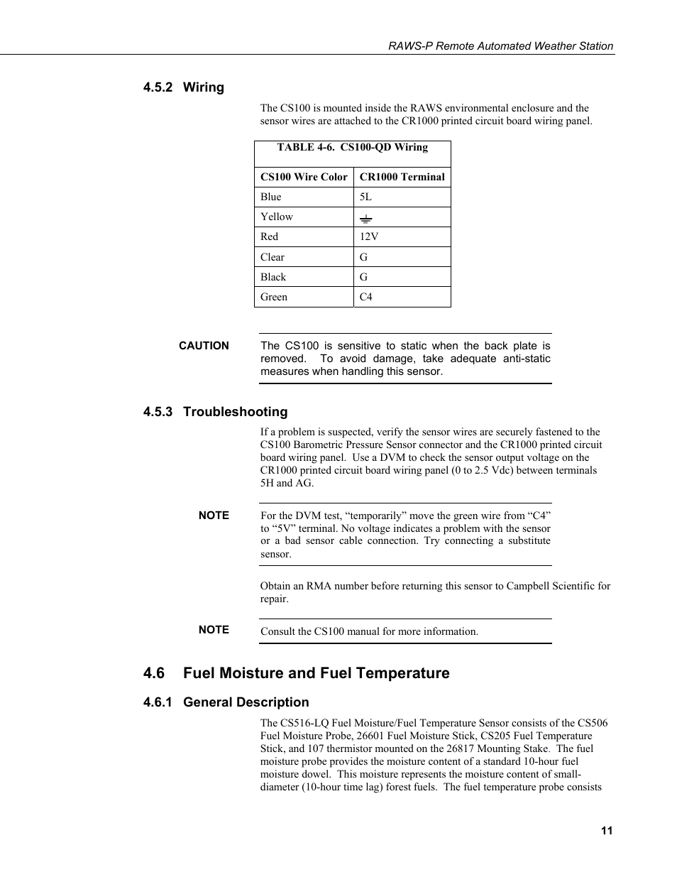 2 wiring, 3 troubleshooting, 6 fuel moisture and fuel temperature | 1 general description, Wiring, Troubleshooting, Fuel moisture and fuel temperature, General description, 6. cs100-qd | Campbell Scientific RAWS-P Remote Automated Weather Station User Manual | Page 19 / 34