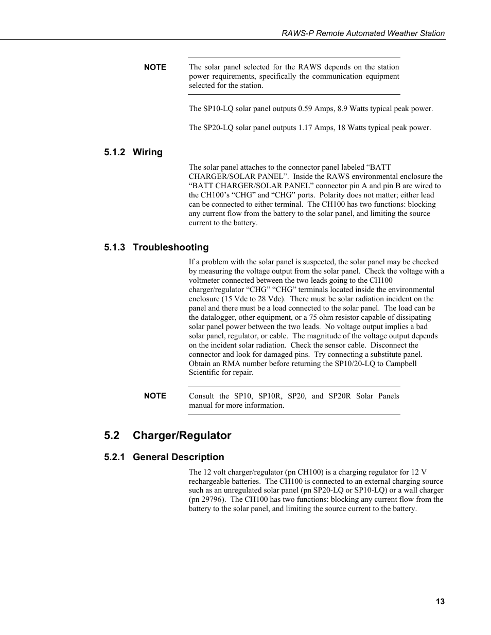 2 wiring, 3 troubleshooting, 2 charger/regulator | 1 general description, Wiring, Troubleshooting, Charger/regulator, General description | Campbell Scientific RAWS-P Remote Automated Weather Station User Manual | Page 21 / 34