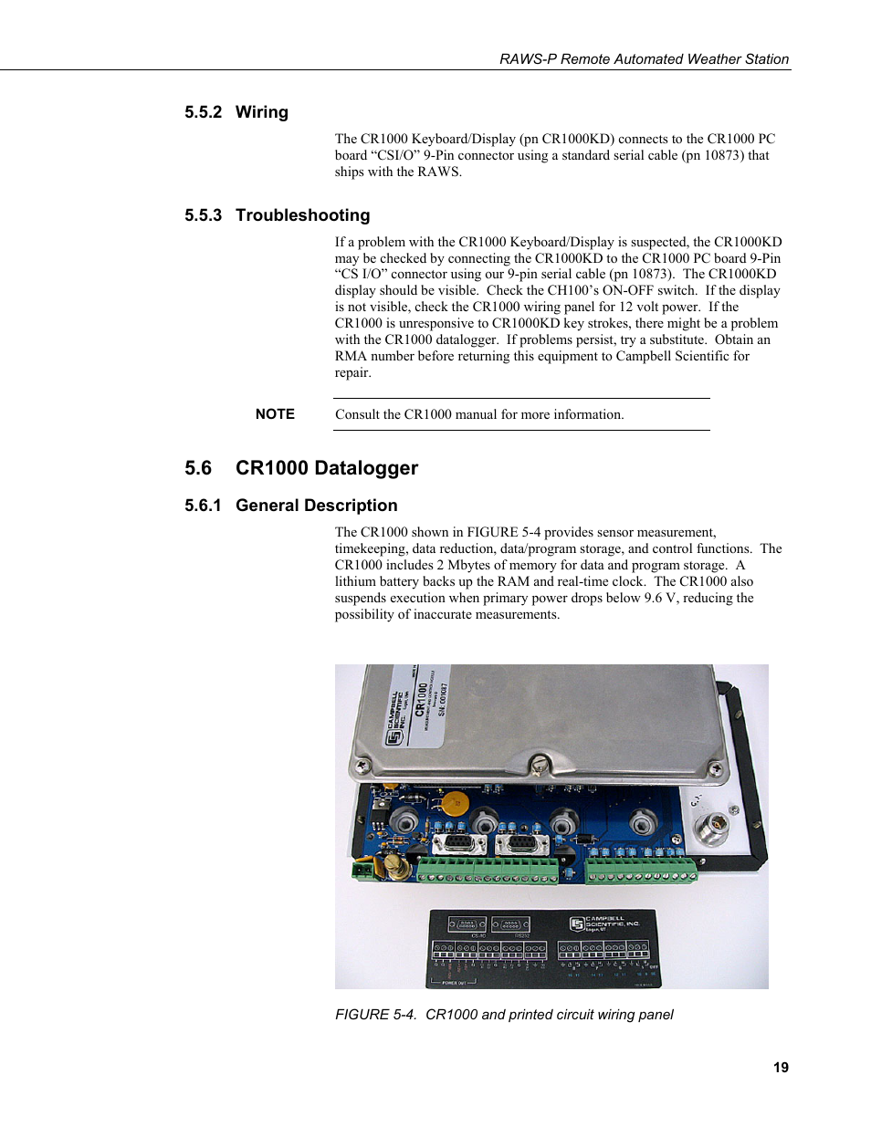 2 wiring, 3 troubleshooting, 6 cr1000 datalogger | 1 general description, Wiring, Troubleshooting, Cr1000 datalogger, General description, 4. cr1000 and printed circuit wiring panel | Campbell Scientific RAWS-P Remote Automated Weather Station User Manual | Page 27 / 34