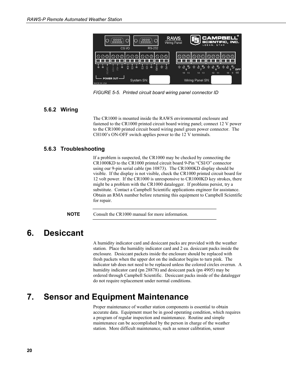 2 wiring, 3 troubleshooting, Desiccant | Sensor and equipment maintenance, Wiring, Troubleshooting, 5. printed circuit board wiring panel connector id, Onnector (figure 5-5 | Campbell Scientific RAWS-P Remote Automated Weather Station User Manual | Page 28 / 34