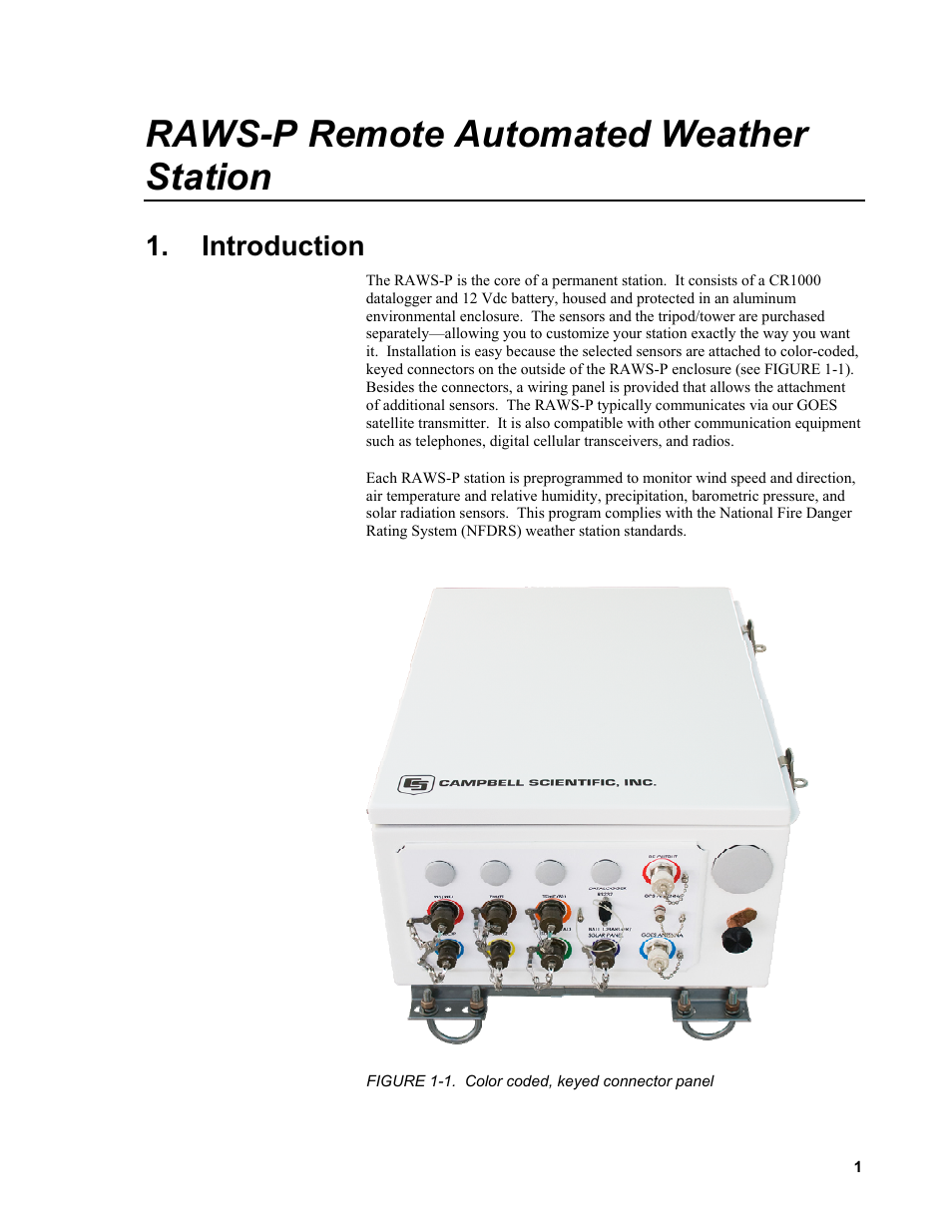 Introduction, 1. color coded, keyed connector panel, Raws-p remote automated weather station | Campbell Scientific RAWS-P Remote Automated Weather Station User Manual | Page 9 / 34