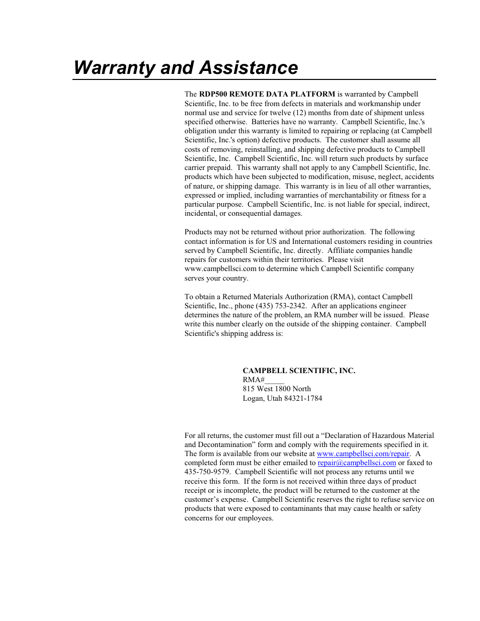 Warranty and assistance | Campbell Scientific RDP500 Remote Data Platform User Manual | Page 2 / 46