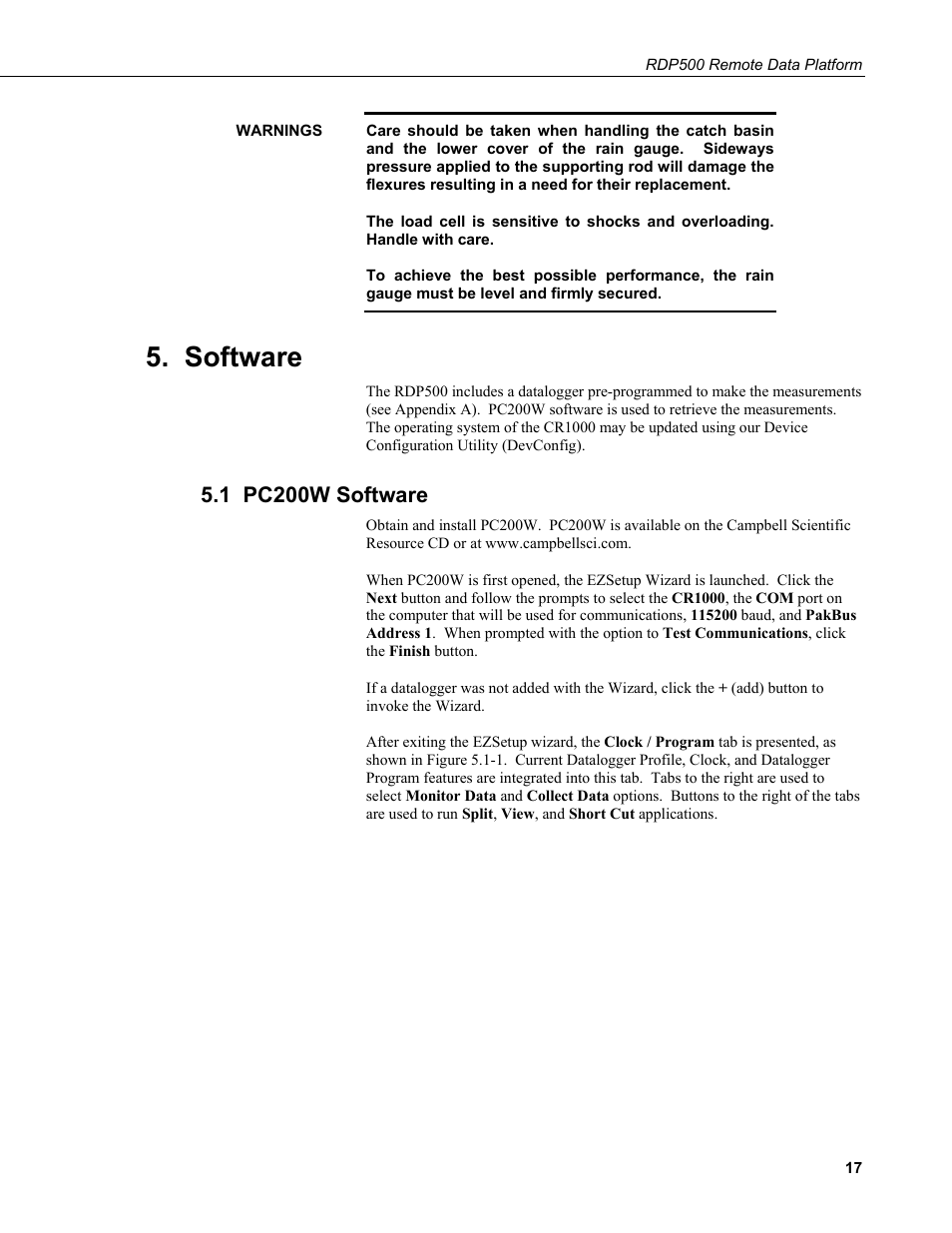 Software, 1 pc200w software | Campbell Scientific RDP500 Remote Data Platform User Manual | Page 21 / 46