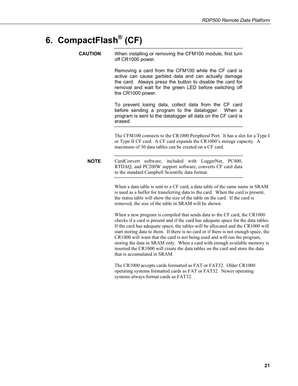 Compactflash® (cf), Compactflash | Campbell Scientific RDP500 Remote Data Platform User Manual | Page 25 / 46