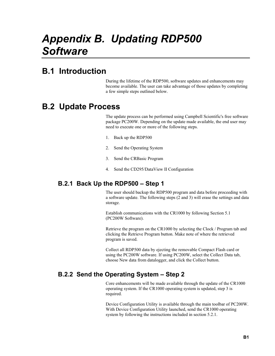 Appendix b. updating rdp500 software, B.1 introduction, B.2 update process | B.2.1 back up the rdp500 – step 1, B.2.2 send the operating system – step 2 | Campbell Scientific RDP500 Remote Data Platform User Manual | Page 35 / 46