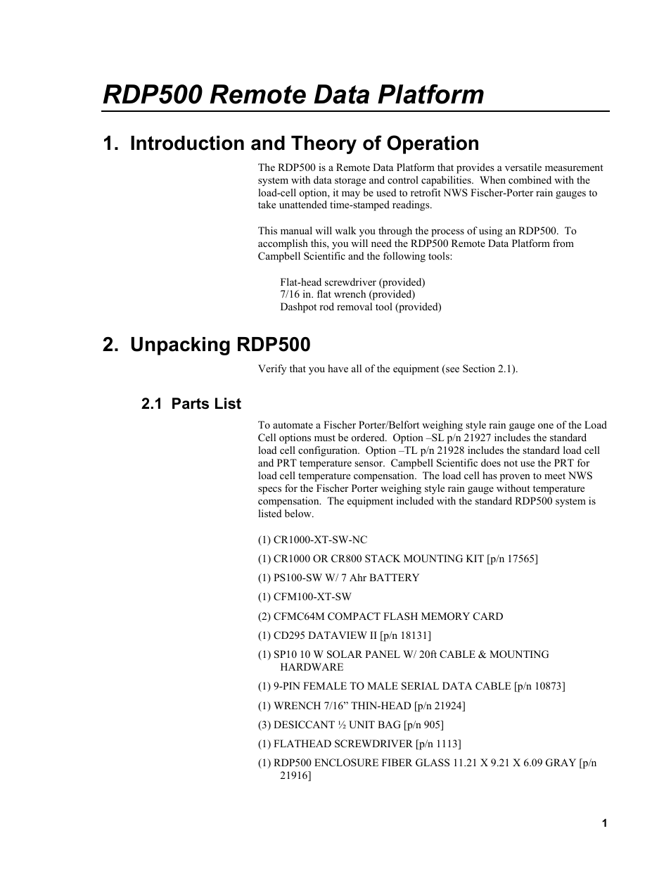 Rdp500 remote data platform, Introduction and theory of operation, Unpacking rdp500 | 1 parts list | Campbell Scientific RDP500 Remote Data Platform User Manual | Page 5 / 46