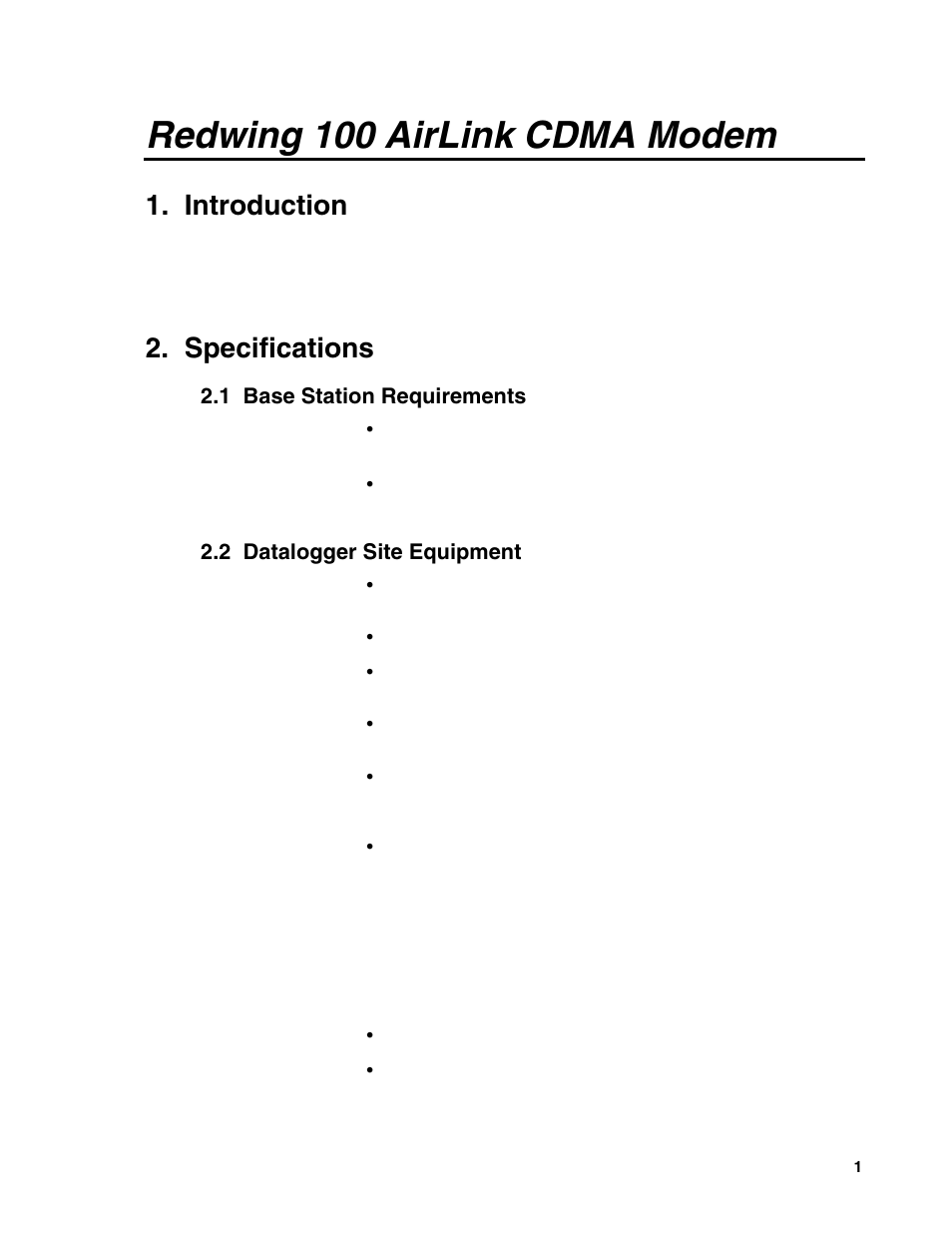 Redwing 100 airlink cdma modem, Introduction, Specifications | 1 base station requirements, 2 datalogger site equipment | Campbell Scientific Redwing100 CDMA Cellular Digital Modem User Manual | Page 5 / 14