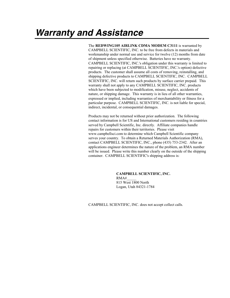 Warranty and assistance | Campbell Scientific Redwing105 CDMA Cellular Digital Modem User Manual | Page 2 / 14