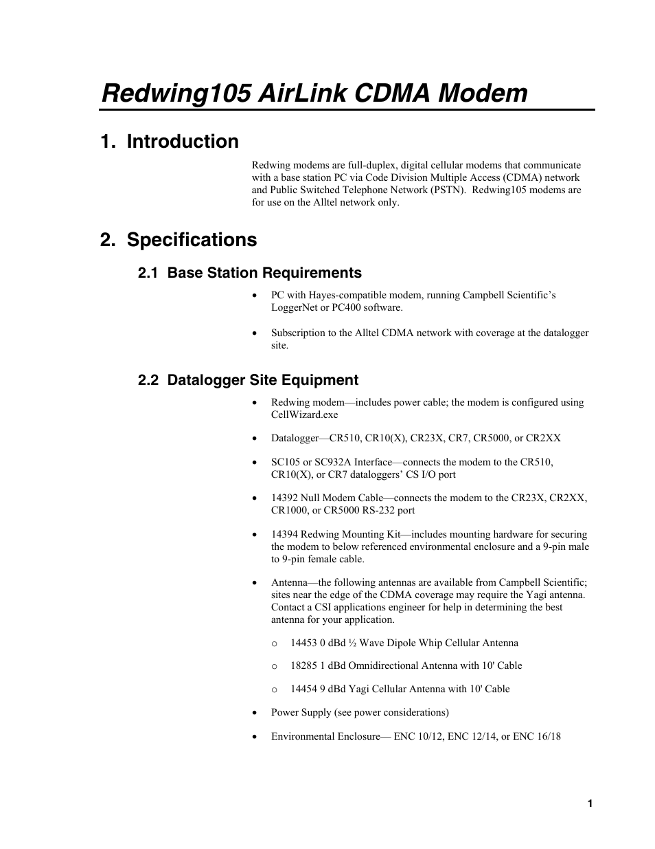 Redwing105 airlink cdma modem, Introduction, Specifications | 1 base station requirements, 2 datalogger site equipment | Campbell Scientific Redwing105 CDMA Cellular Digital Modem User Manual | Page 5 / 14