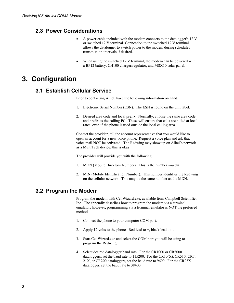 3 power considerations, Configuration, 1 establish cellular service | 2 program the modem | Campbell Scientific Redwing105 CDMA Cellular Digital Modem User Manual | Page 6 / 14