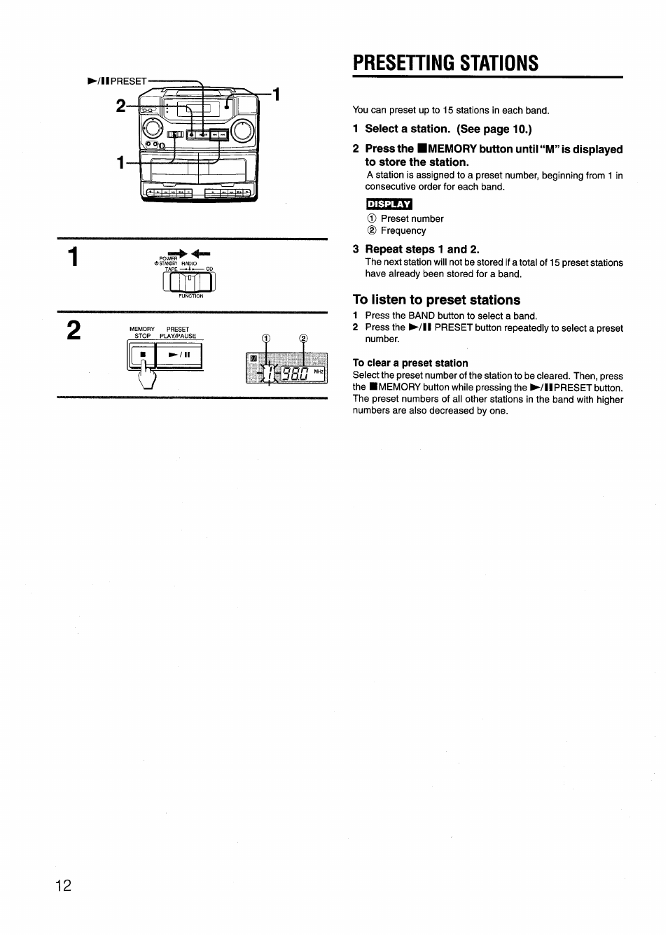 3 repeat steps 1 and 2, To listen to preset stations, To clear a preset station | Presening stations | Aiwa CD-DW420 U User Manual | Page 12 / 28