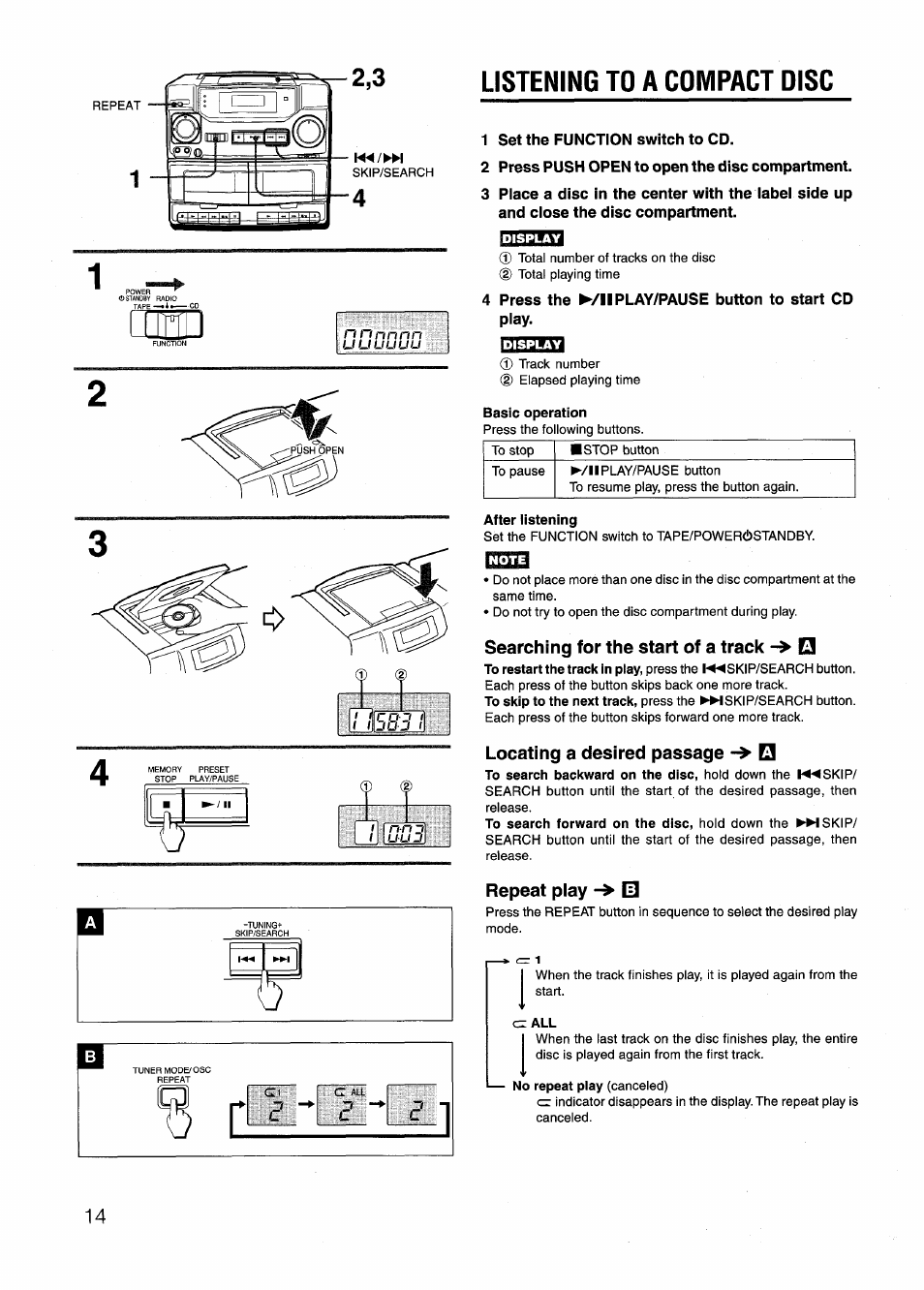 1 set the function switch to cd, 2 press push open to open the disc compartment, Display | After listening, Searching for the start of a track, Locating a desired passage, Repeat play, Listening to a compact disc, N n j | Aiwa CD-DW420 U User Manual | Page 14 / 28