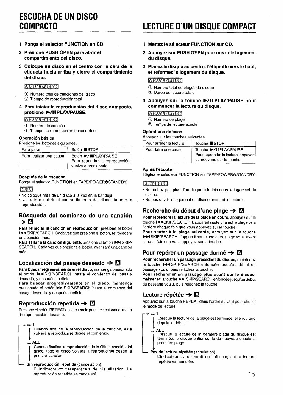 Después de la escucha, Búsqueda del comienzo de una canción, Localización del pasaje deseado 0 | Reproducción repetida, Après l’écoute, Recherche du début d’une plage 0, Pour repérer un passage donné 0, Lecture répétée -> iid, Nszi | Aiwa CD-DW420 U User Manual | Page 15 / 28