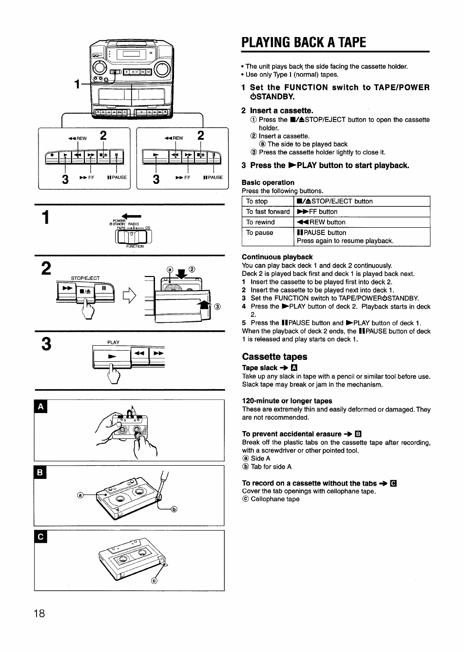 1 set the function switch to tape/power 6standby, 2 insert a cassette, 3 press the ^play button to start playback | Continuous piayback, Cassette tapes, Tape slack, Minute or longer tapes, To prevent accidental erasure, To record on a cassette without the tabs, Playing back a tape | Aiwa CD-DW420 U User Manual | Page 18 / 28