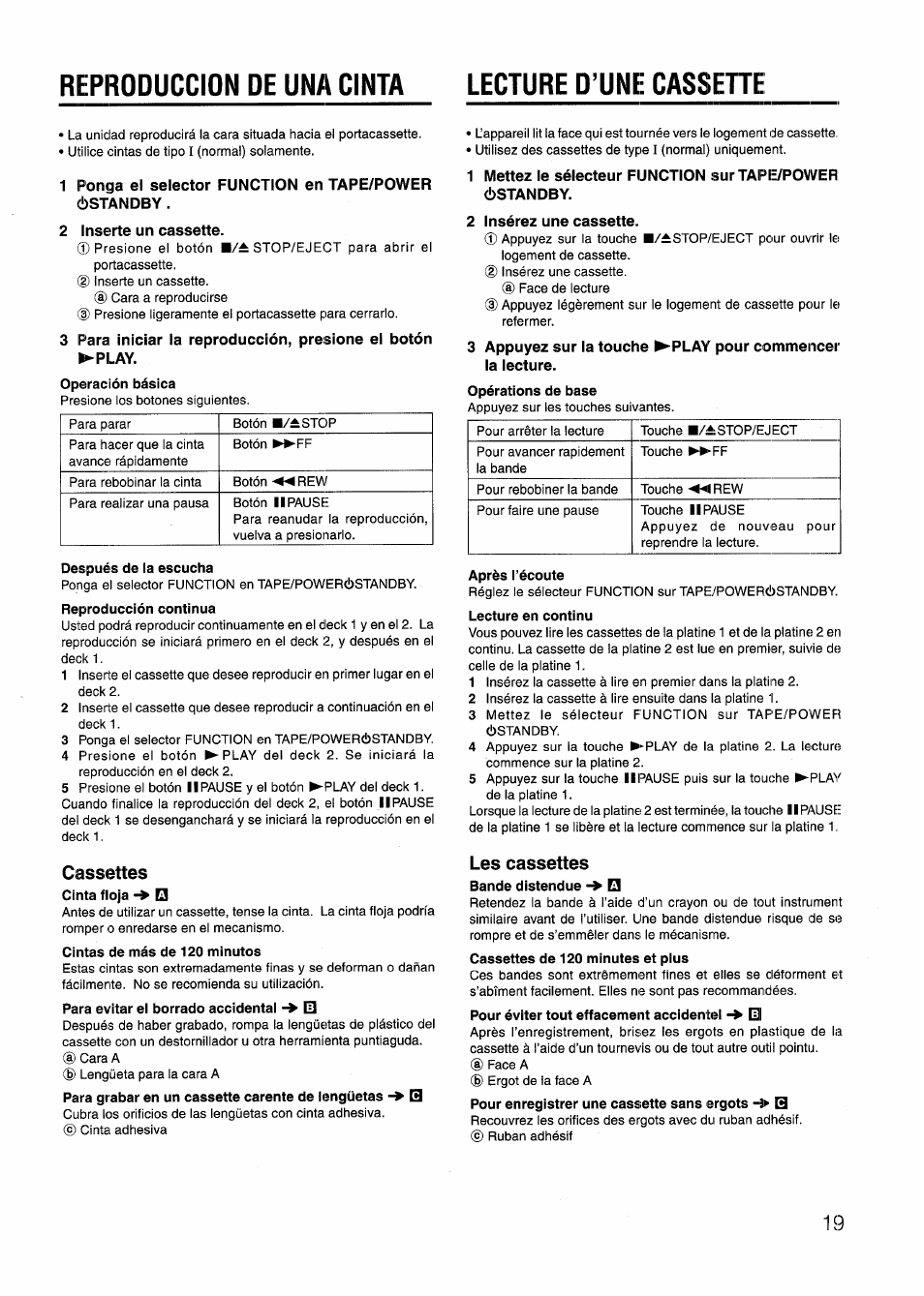 2 inserte un cassette, Después de la escucha, Cassettes | Cintas de más de 120 minutos, 2 insérez une cassette, Après l’écoute, Les cassettes, Reproduccion de una cinta lecture d’une cassehe | Aiwa CD-DW420 U User Manual | Page 19 / 28