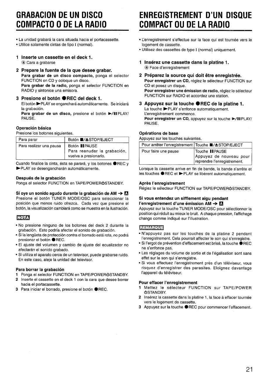 1 inserte un cassette en el deck 1, 2 prepare la fuente de la que desee grabar, 3 presione el botón #rec del deck 1 | Después de la grabación, Si oye un sonido agudo durante la grabación de am, Para borrar la grabación, 1 insérez une cassette dans la platine 1, 2 préparez la source qui doit être enregistrée, 3 appuyez sur ia touche #rec de ia piatine 1, Après l’enregistrement | Aiwa CD-DW420 U User Manual | Page 21 / 28