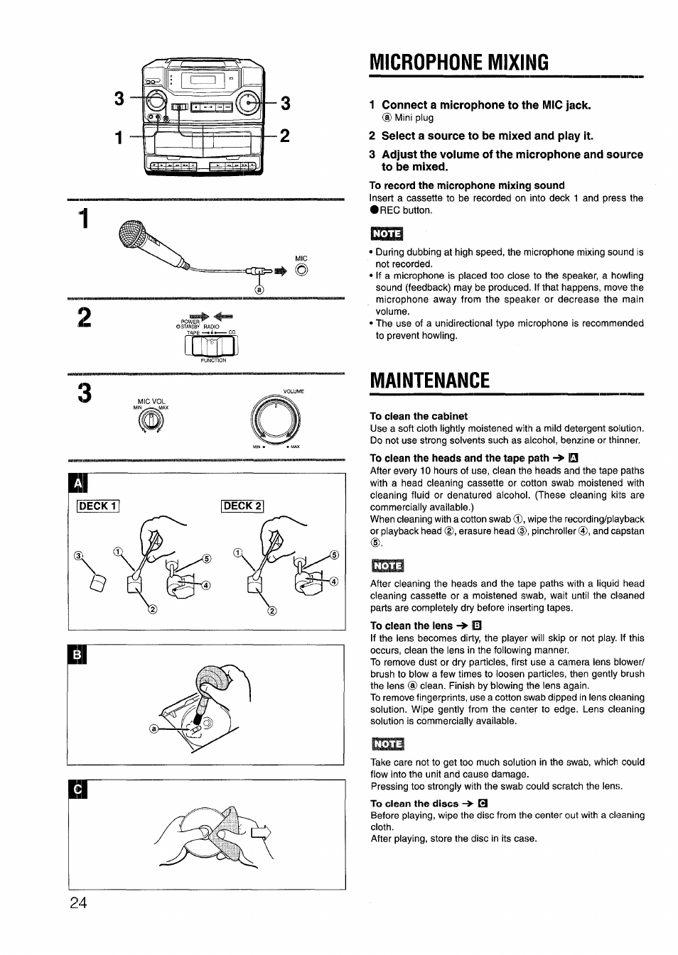 1 connect a microphone to the mic jack, 2 select a source to be mixed and play it, To clean the cabinet | Microphone mixing, Maintenance | Aiwa CD-DW420 U User Manual | Page 24 / 28