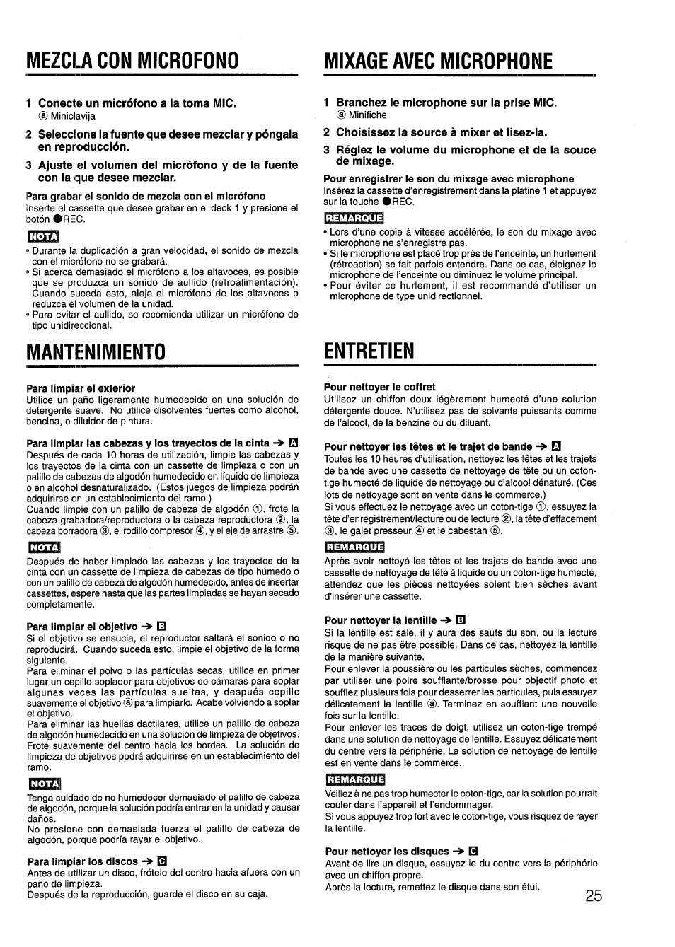 1 conecte un microfono a la toma mic, 1 branchez le microphone sur la prise mic, 2 choisissez la source à mixer et lisez-la | Para limpiar el exterior, Para limpiar ios discos -> b, Pour nettoyer le coffret, Pour nettoyer les têtes et le trajet de bande -> e, Pour nettoyer la lentille -> [3, Pour nettoyer les disques -> b, Mezcla con microfono mixage avec microphone | Aiwa CD-DW420 U User Manual | Page 25 / 28