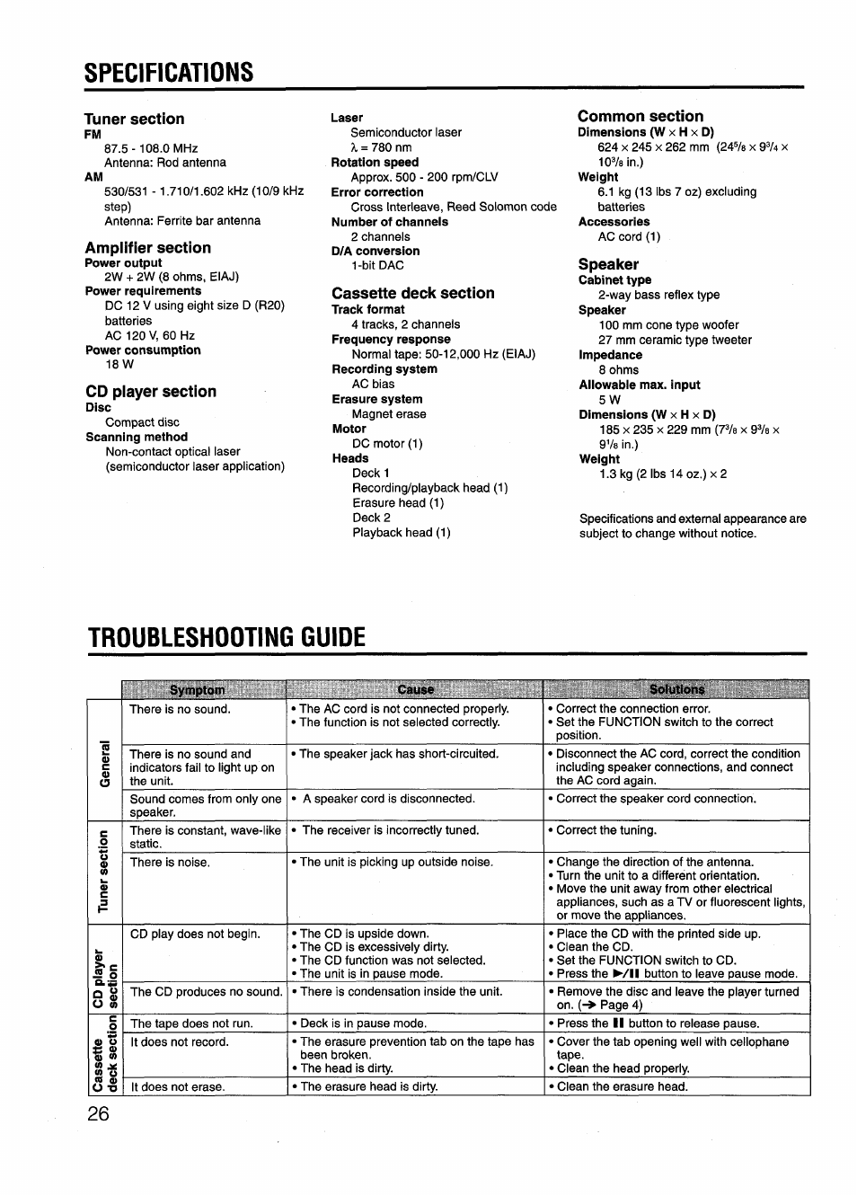 Tuner section, Amplifier section, Cd player section | Cassette deck section, Common section, Speaker, Specifications, Troubleshooting guloe | Aiwa CD-DW420 U User Manual | Page 26 / 28