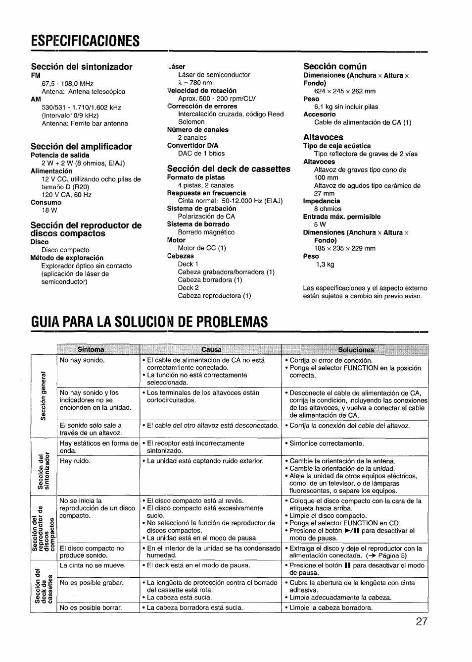 Sección del sintonizador, Sección del amplificador, Sección del reproductor de discos compactos | Láser, Sección del deck de cassettes, Sección común, Altavoces, Especificaciones, Guia para la solucion oe problemas | Aiwa CD-DW420 U User Manual | Page 27 / 28