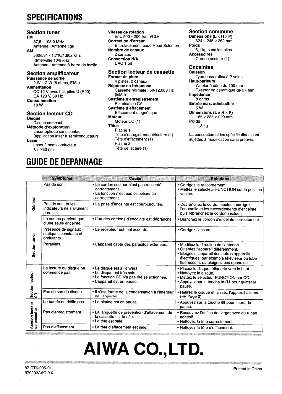 Section tuner, Section ampiificateur, Section iecteur cd | Section lecteur de cassette, Section commune, Enceintes, Aiwa co., ltd, Lecture d’une cassette, Specifications, Guide de depannage | Aiwa CD-DW420 U User Manual | Page 28 / 28