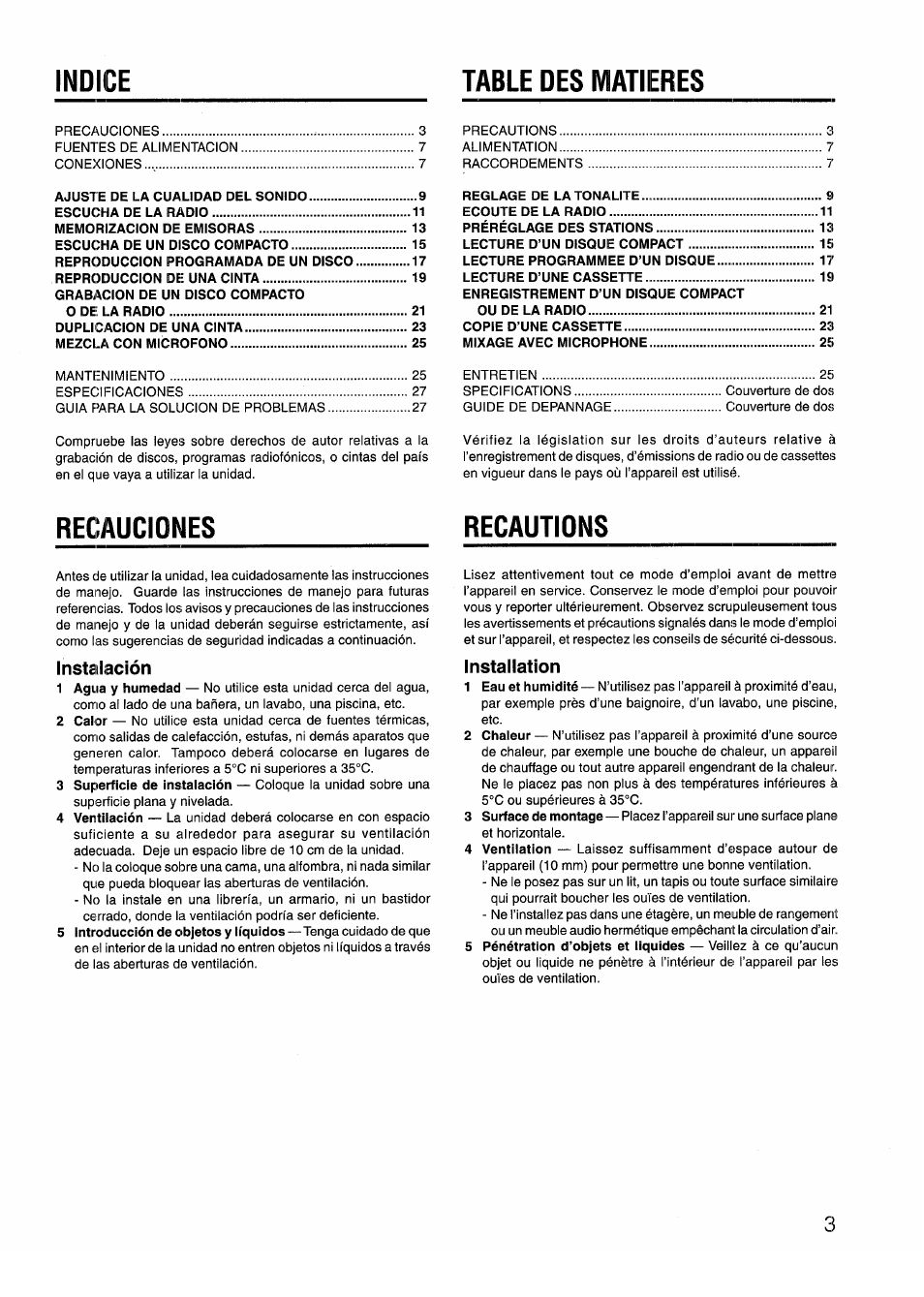 Instalación, Installation, Indice table des matieres | Recauciones recautions | Aiwa CD-DW420 U User Manual | Page 3 / 28