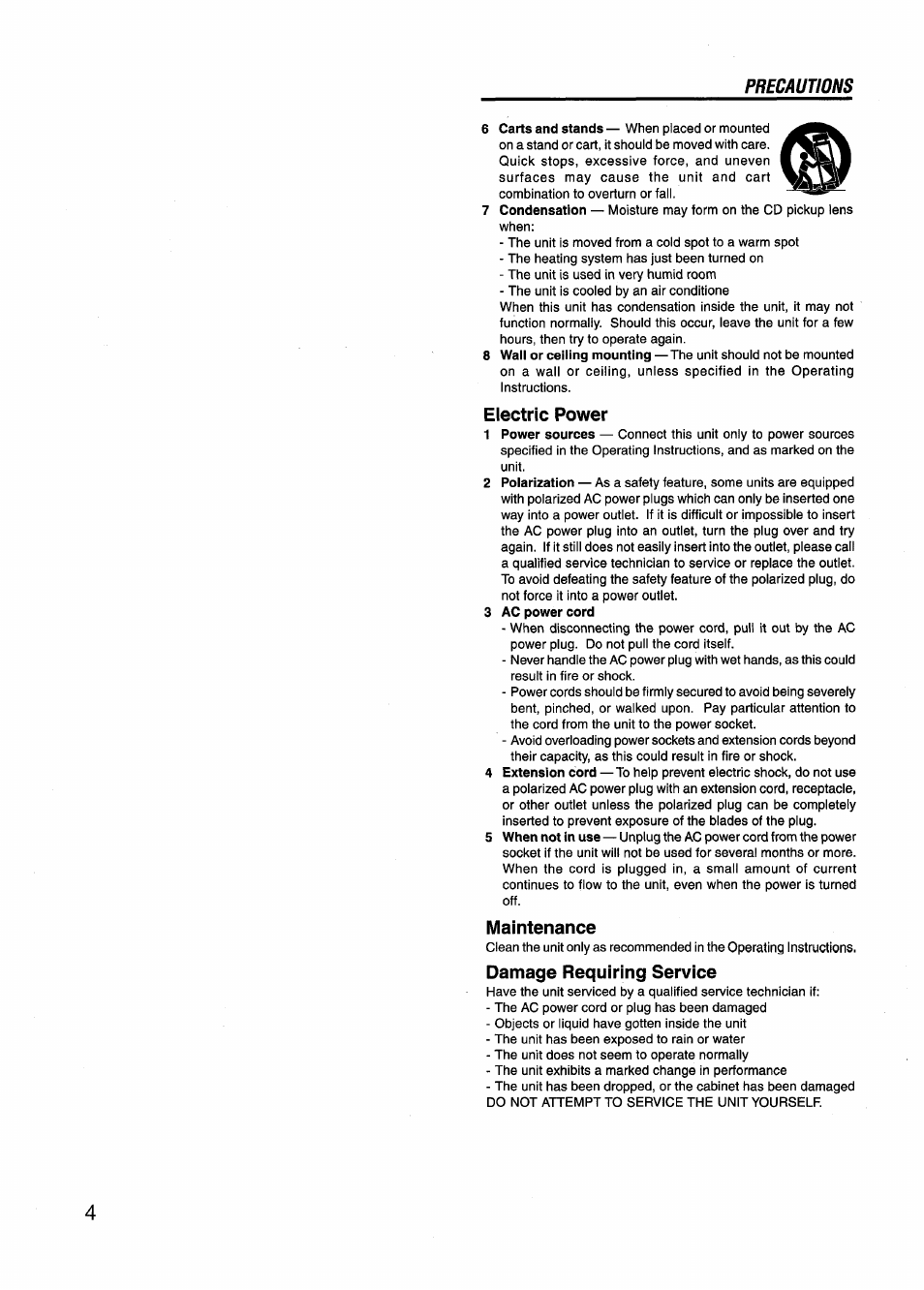 Electric power, 3 ac power cord, Maintenance | Damage requiring service | Aiwa CD-DW420 U User Manual | Page 4 / 28